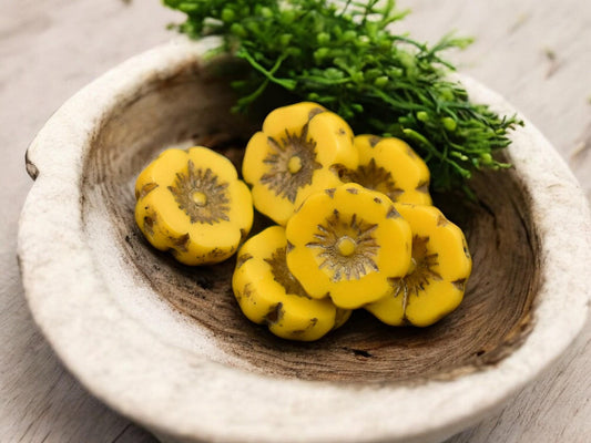 *12* 12mm Dark Bronze Washed Opaque Yellow Hawaiian Flower Beads