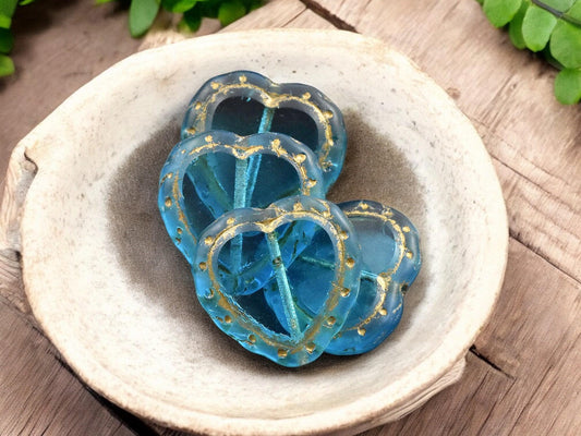 *2* 18mm Dark Bronze Washed Aquamarine Heart Beads