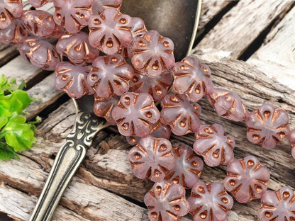 *10* 11mm Copper Washed Milky Pink Scalloped Flower Beads