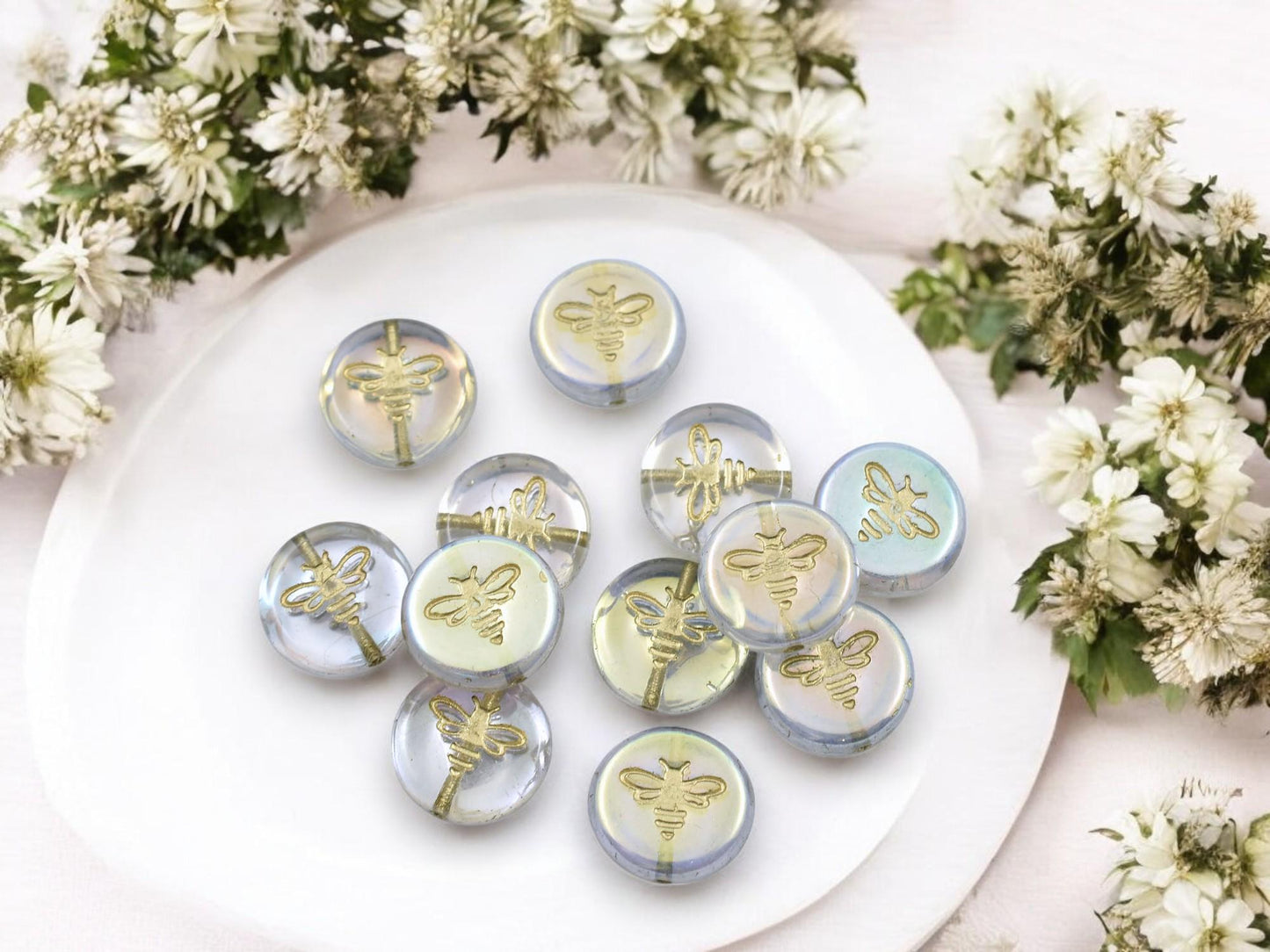 Czech Glass Beads - Bumble Bee - Bee Beads - Czech Glass Bee Coin - Picasso Beads - 12mm - 12pcs - (281)