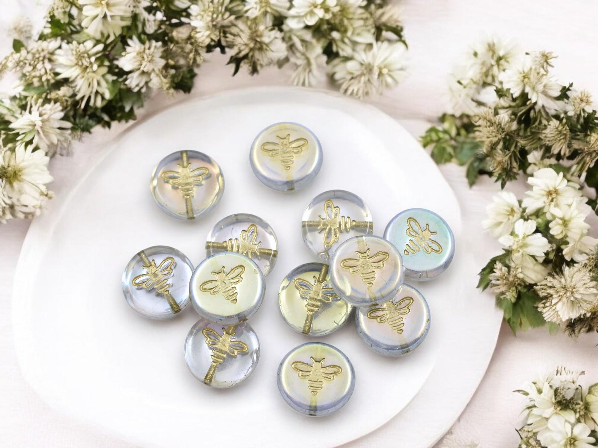 Czech Glass Beads - Bumble Bee - Bee Beads - Czech Glass Bee Coin - Picasso Beads - 12mm - 12pcs - (281)