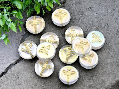 Czech Glass Beads - Bumble Bee - Bee Beads - Czech Glass Bee Coin - Picasso Beads - 12mm - 12pcs - (281)
