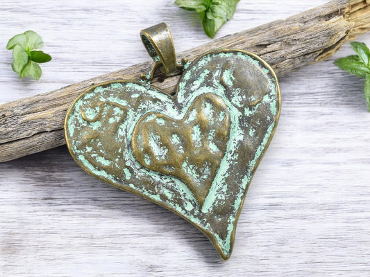 Heart Pendant - Metal Pendant - Patina Pendant - Bronze Pendant - Verdigris Pendant - 49x48mm (136)