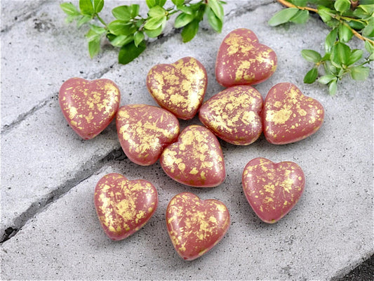 Pink Heart Beads - Czech Glass Beads - Czech Glass Heart - 14mm - 10pcs - (5097)