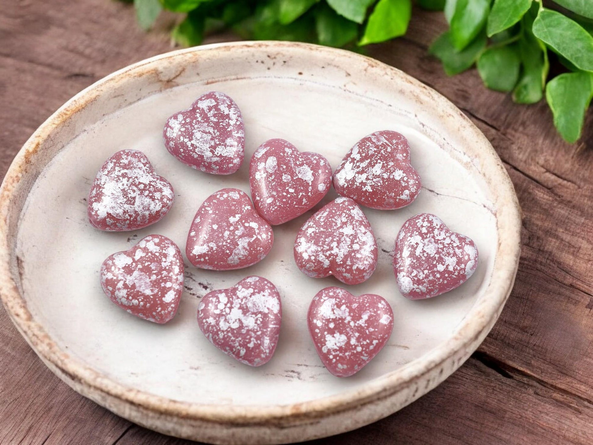 Pink Heart Beads - Czech Glass Beads - Czech Glass Heart - 14mm - 10pcs - (5563)