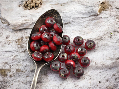 Picasso Beads - Czech Glass Beads - Rondelle Beads - Fire Polished Beads - Lipstick Red - 6x8mm - 25pcs (3577)