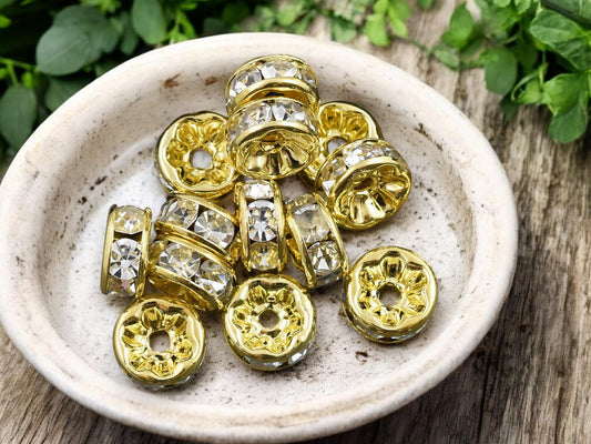 Gold w/ Crystal Rhinestone Rondelle Spacer Beads