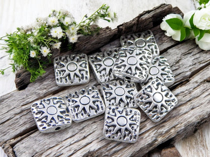 *50* 10mm Antique Silver Sun Design Beveled Square Beads