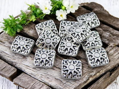 *50* 10mm Antique Silver Sun Design Beveled Square Beads