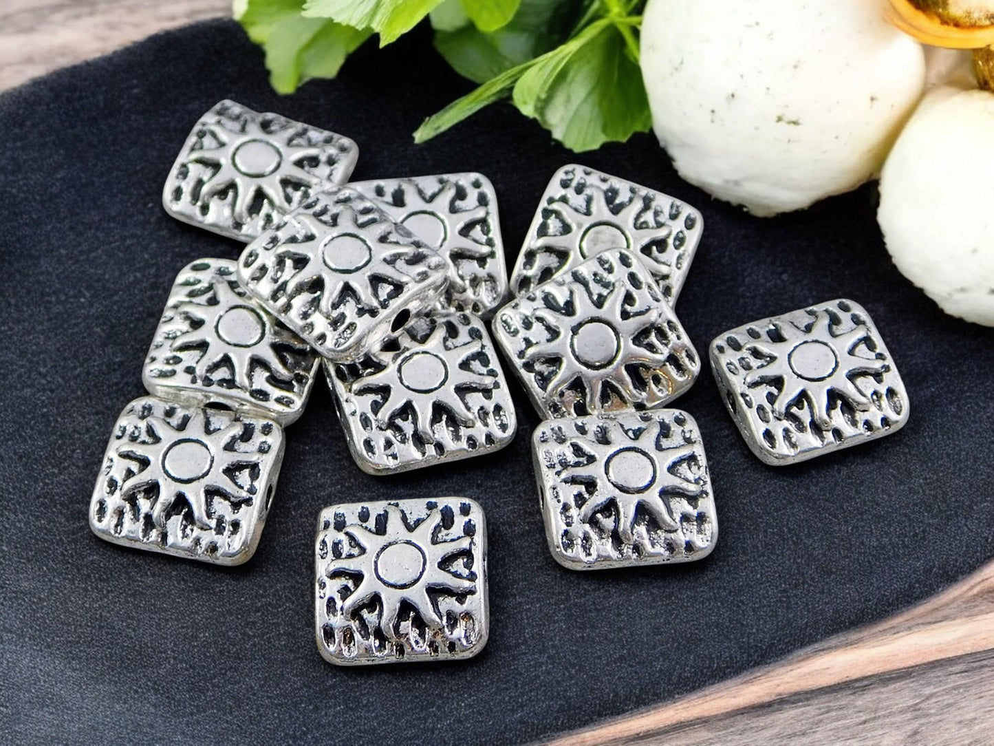 *50* 10mm Antique Silver Sun Design Beveled Square Beads
