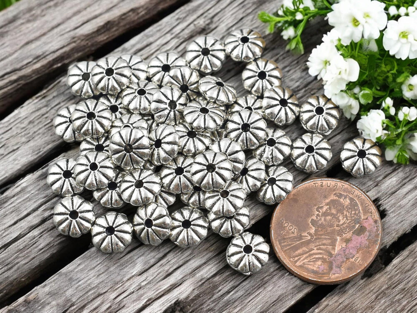 *100* 7x2mm Antique Silver Daisy Spacer Beads
