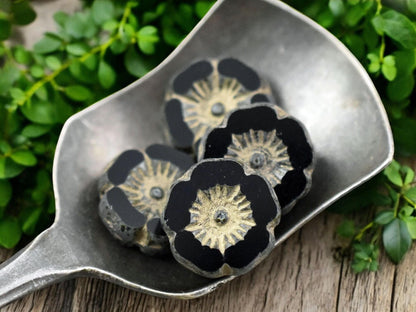 *12* 12mnm Gold Washed Jet Picasso Hawaiian Flower Beads