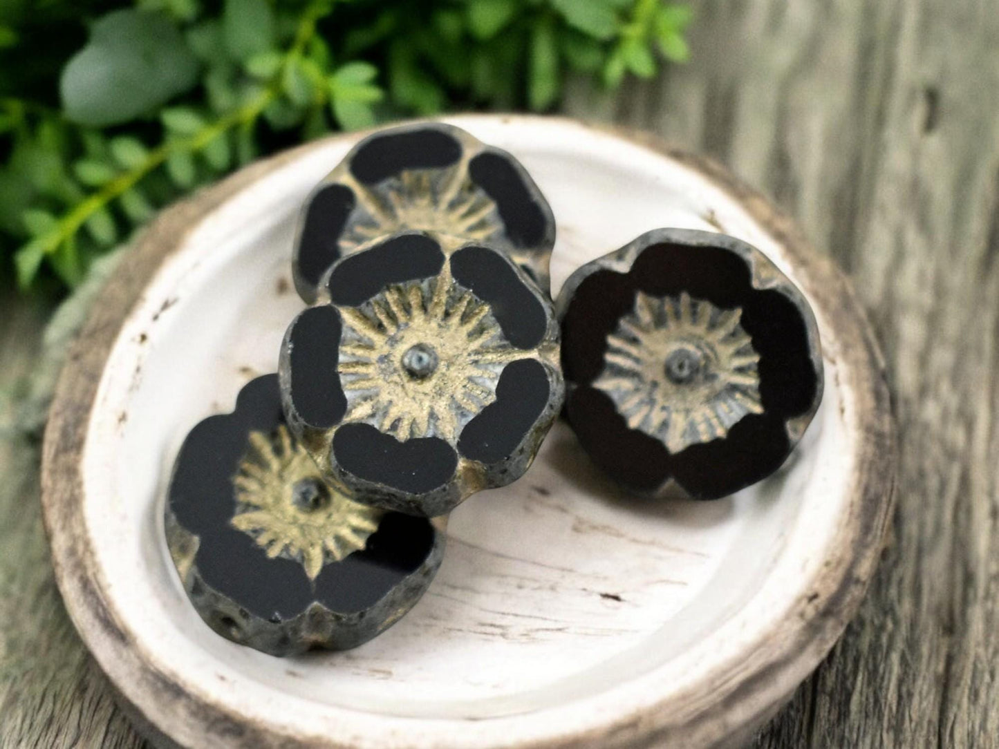 *12* 12mnm Gold Washed Jet Picasso Hawaiian Flower Beads