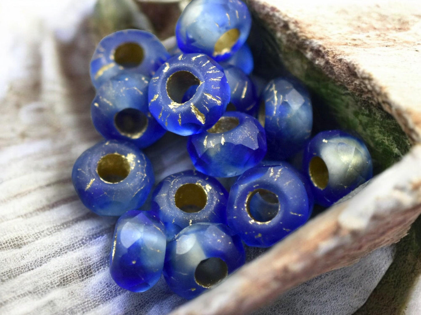 *25* 5x8mm Gold Lined Matte Sapphire Faceted Large Hole Rondelle Roller Beads
