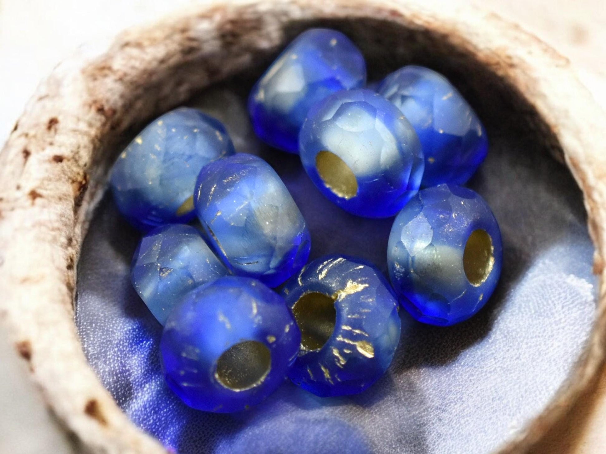 *25* 5x8mm Gold Lined Matte Sapphire Faceted Large Hole Rondelle Roller Beads