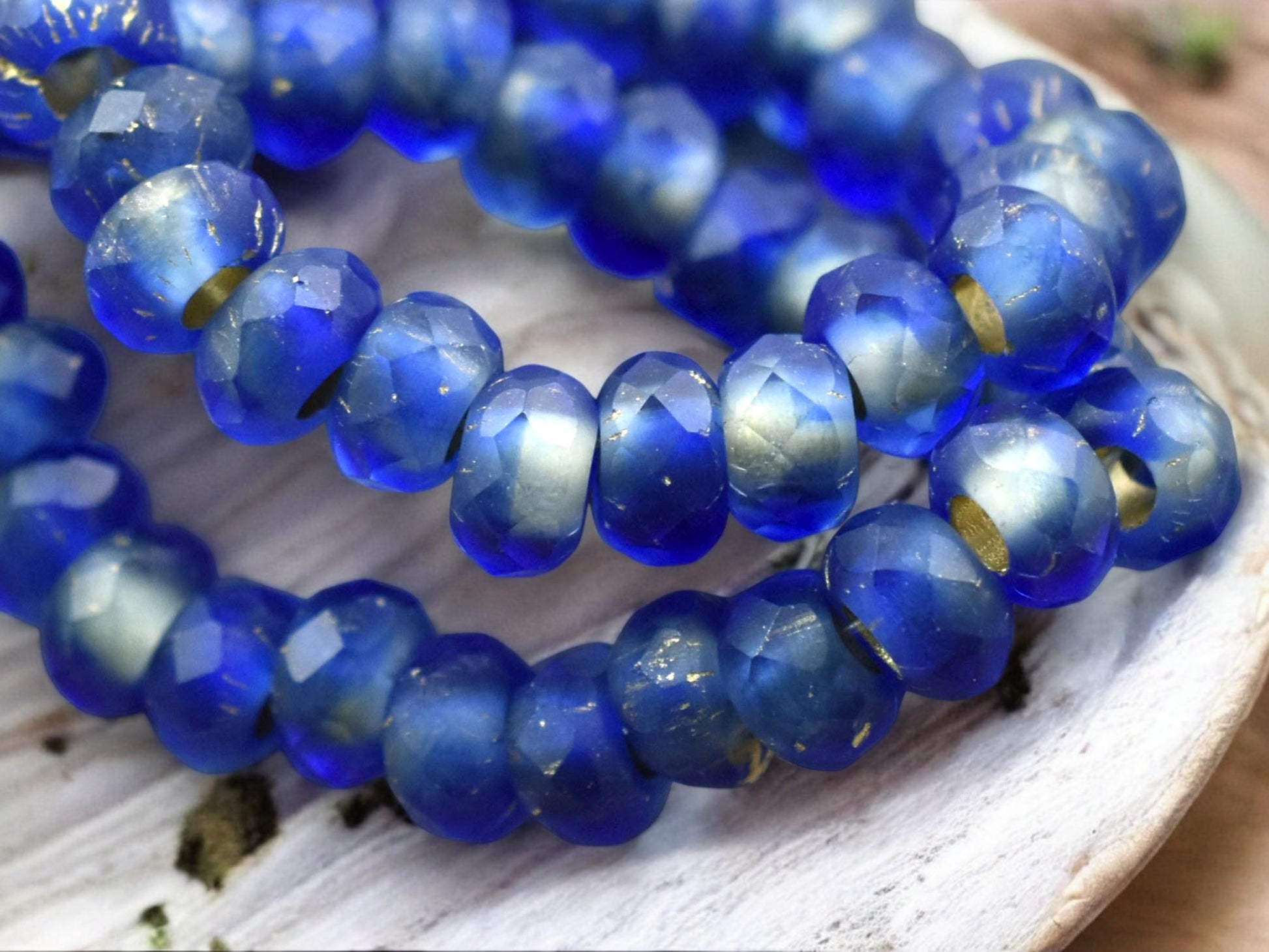 *25* 5x8mm Gold Lined Matte Sapphire Faceted Large Hole Rondelle Roller Beads