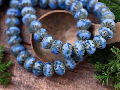 *25* 6x9mm Varigated Cornflower Blue Picasso Fire Polish Cruller Rondelle Beads