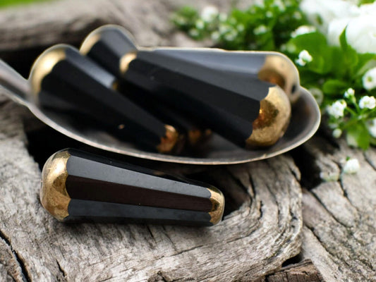 *6* 8x20mm Bronze Tipped Jet Black Faceted Drop Beads