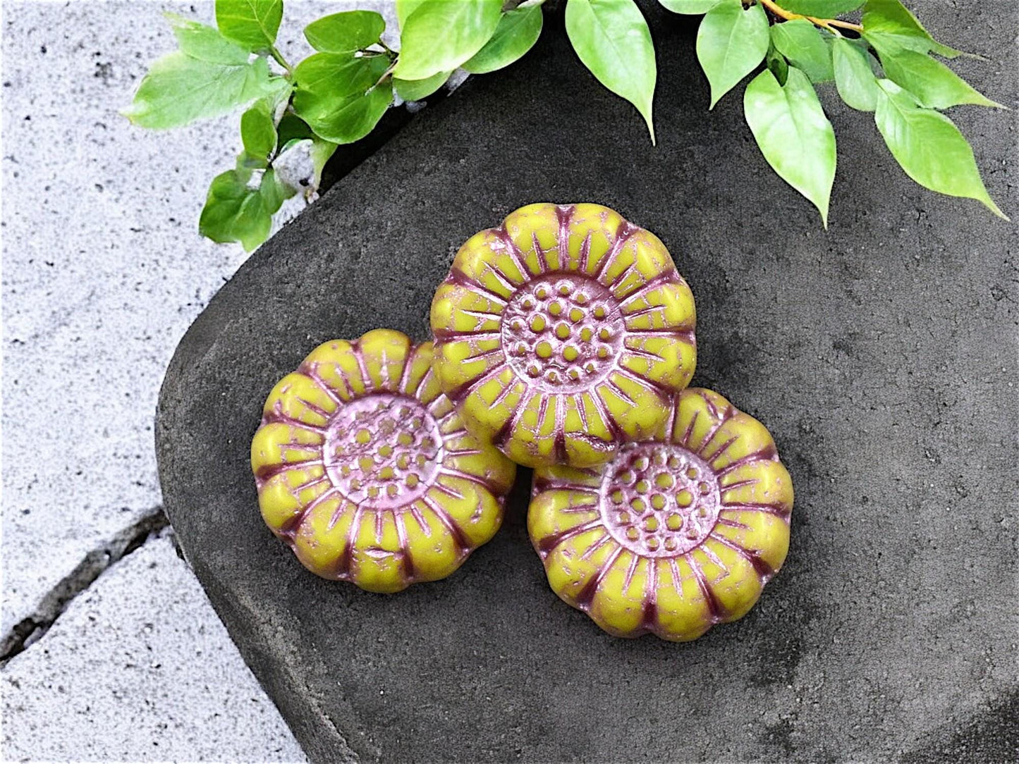 *12* 13mm Metallic Pink Washed Gaspeite Green Sunflower Coin Beads