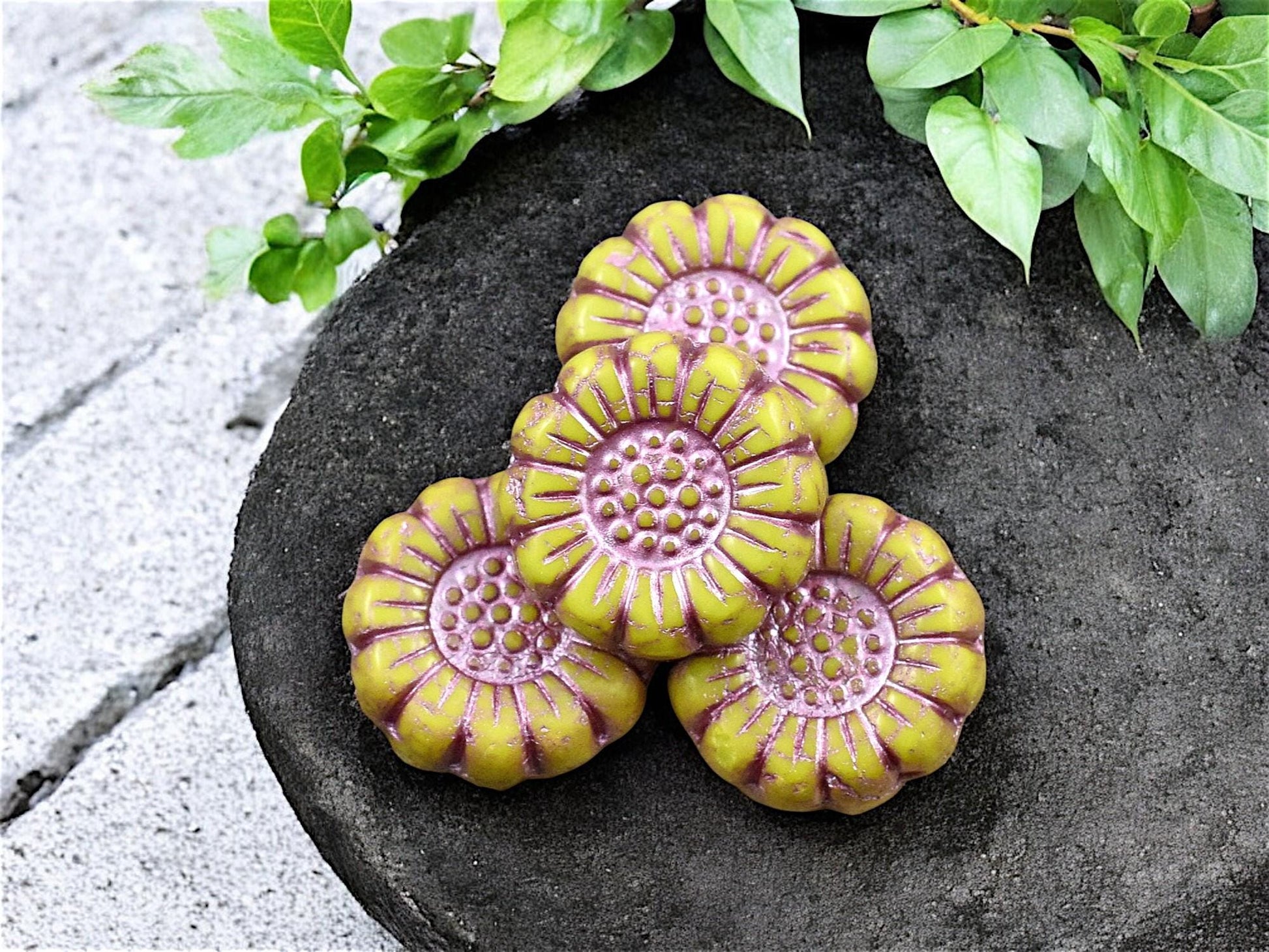 *12* 13mm Metallic Pink Washed Gaspeite Green Sunflower Coin Beads