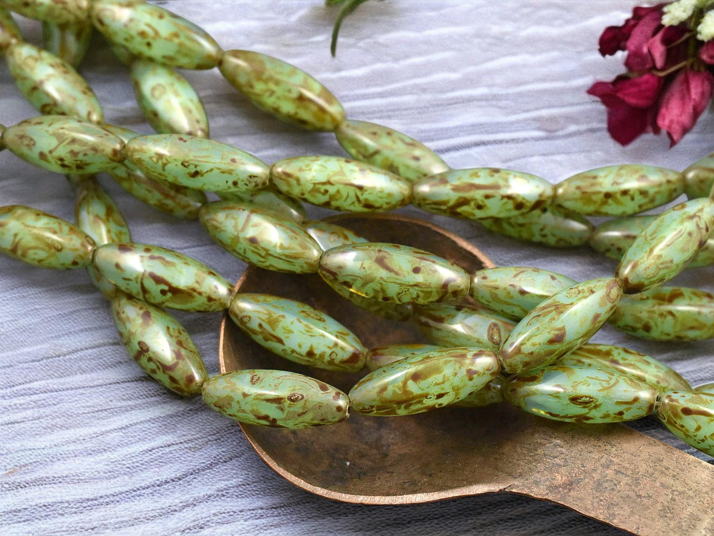 *10* 19x7mm Green Opaline Travertine Wedged Oval Beads