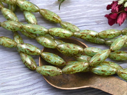 *10* 19x7mm Green Opaline Travertine Wedged Oval Beads