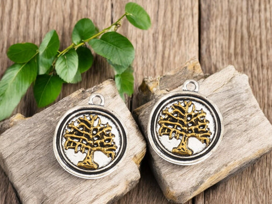 Metal Charms - Tree of Life Charms - Minimalist Charms - Silver Charms - 2 Tone Charms - 10pcs - 23x20mm - (B456)
