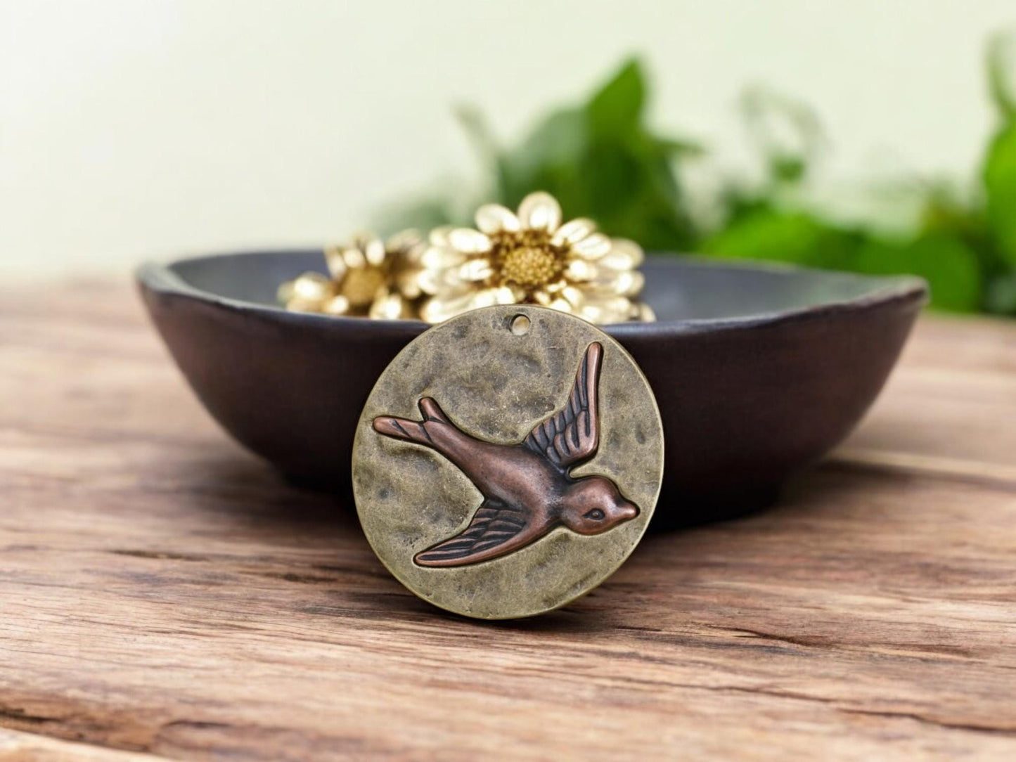 Metal Pendant - Boho Pendant - Bird Pendant - 2 Tone Pendant - Medallion Pendant - Hammered Pendant - 41mm - (3141)