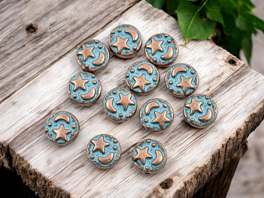 Metal Beads - Copper Beads - Celestial Beads - Moon Star Beads - Patina Beads - 9mm - 50pcs - (650)