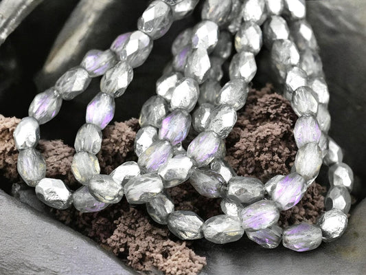 *20* 5x7mm Silver Washed Etched Crystal AB Fire Polished Faceted Oval Beads