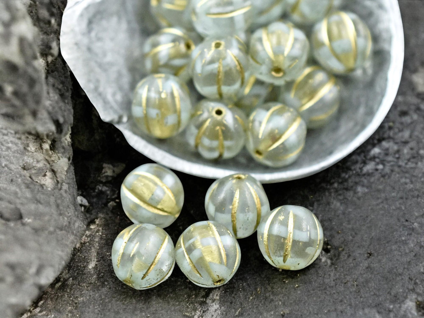 *20* 8mm Gold Washed Mint Crystal Melon Beads