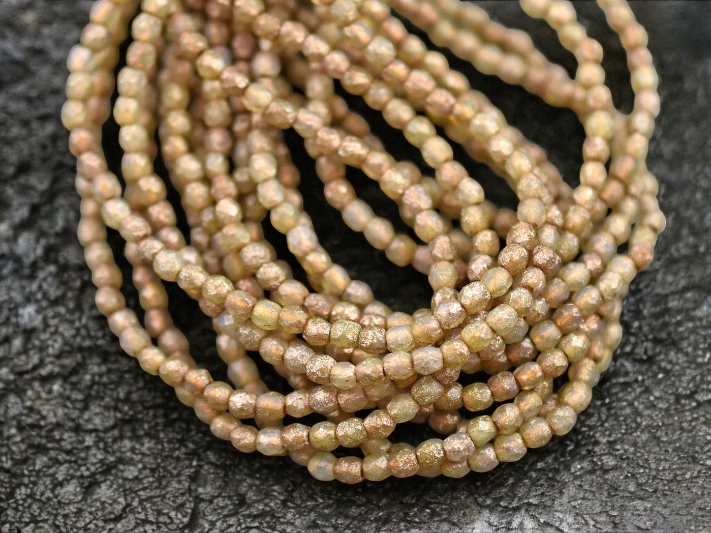 *50* 3mm Gold/Copper Etched Champagne Opal Fire Polished Round Beads