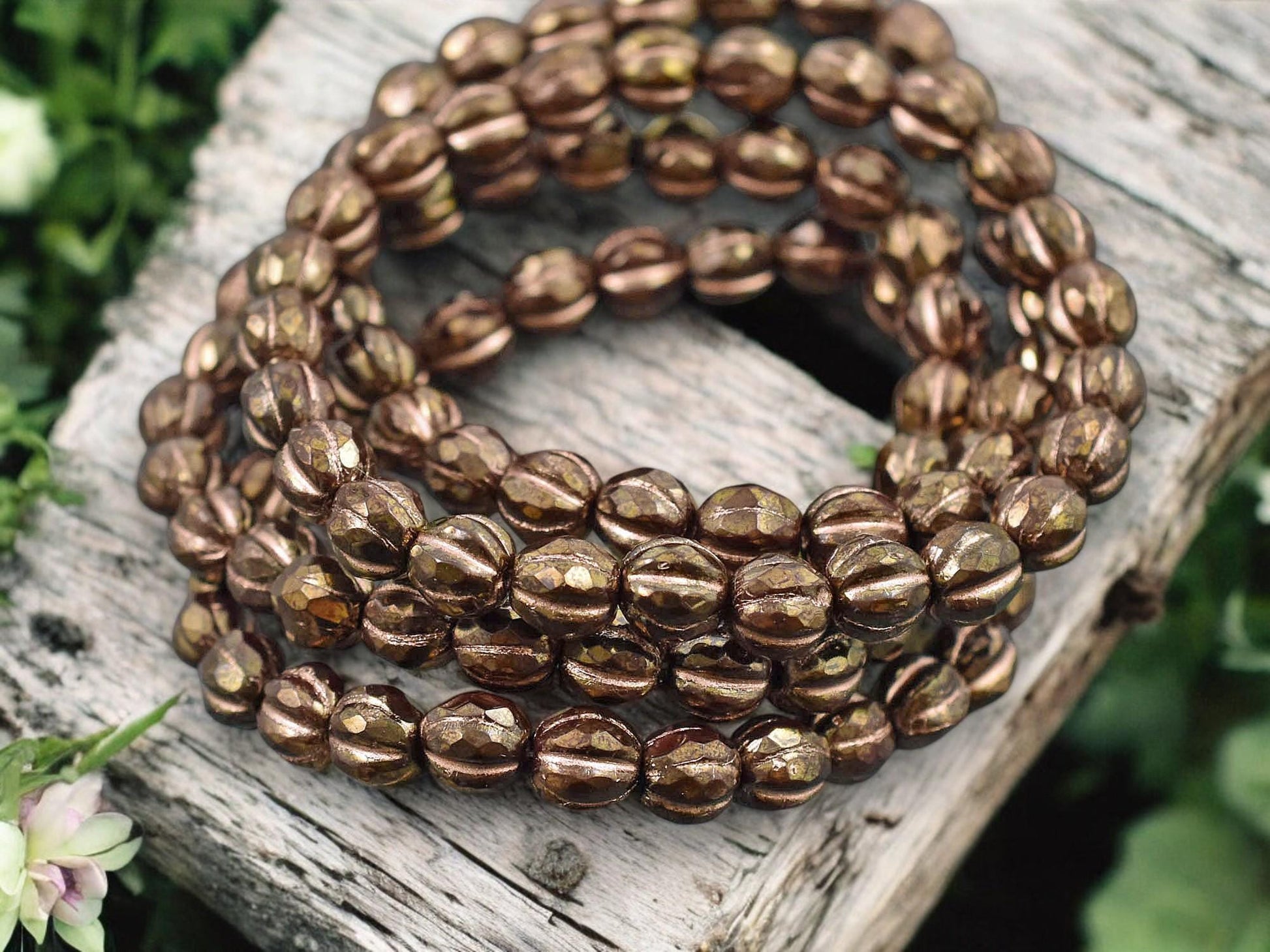 *25* 6mm Copper Washed Dark Bronze Faceted Round Melon Beads