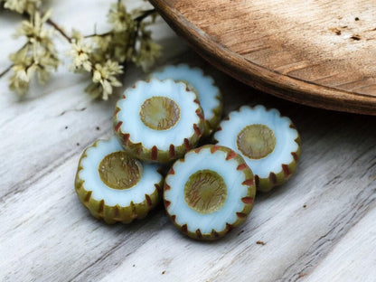 *6* 12mm Robins Egg Blue Picasso Table Cut Daisy Flower Beads