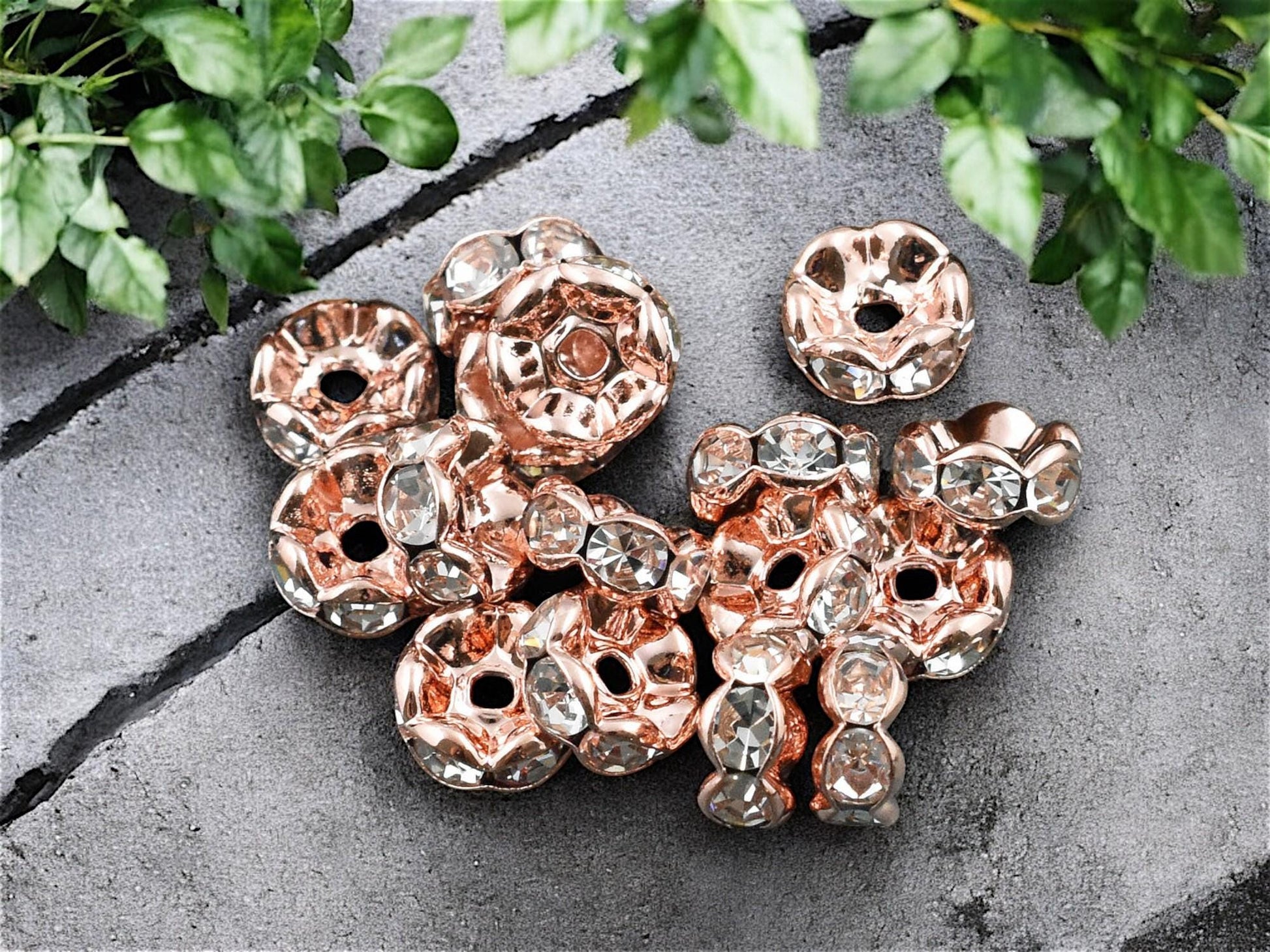 Rose Gold w/ Crystal Rhinestone Wavy Edge Rondelle Spacer Beads