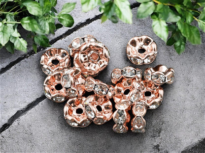Rose Gold w/ Crystal Rhinestone Wavy Edge Rondelle Spacer Beads