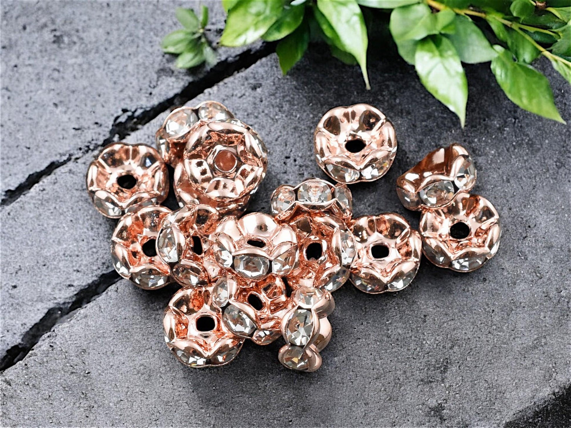 Rose Gold w/ Crystal Rhinestone Wavy Edge Rondelle Spacer Beads