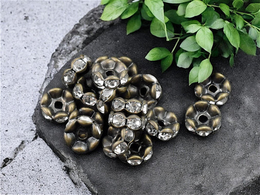 Antique Bronze w/ Crystal Rhinestone Wavy Edge Rondelle Spacer Beads