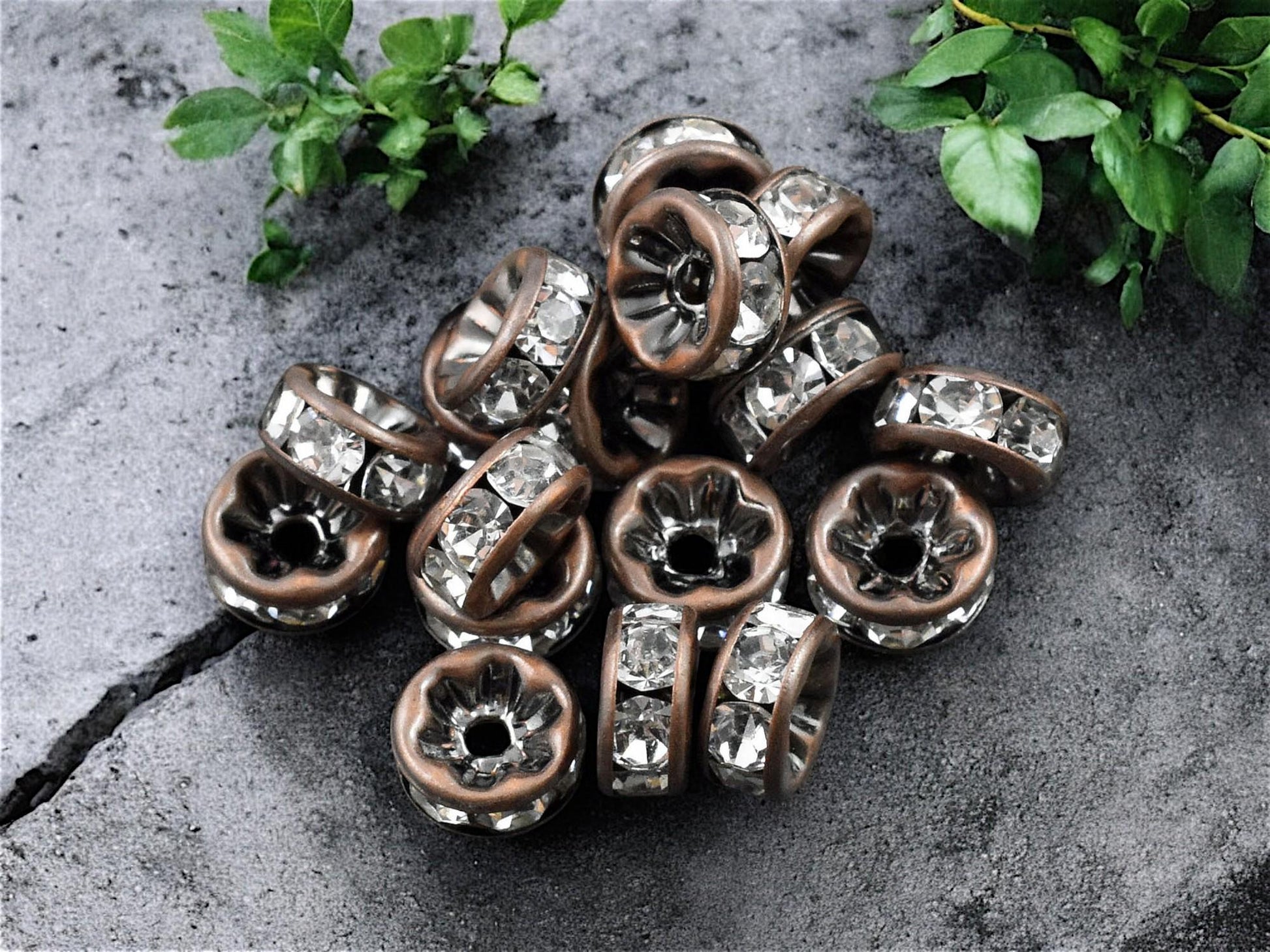 Antique Copper w/ Crystal Rhinestone Rondelle Spacer Beads