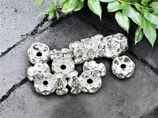 Silver w/ Crystal Rhinestone Wavy Edge Rondelle Spacer Beads