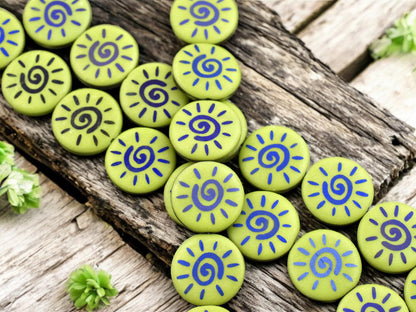 *8* 17mm Opaque Satin Chartreuse Blue Iris Laser Tattoo Sun Coin Beads