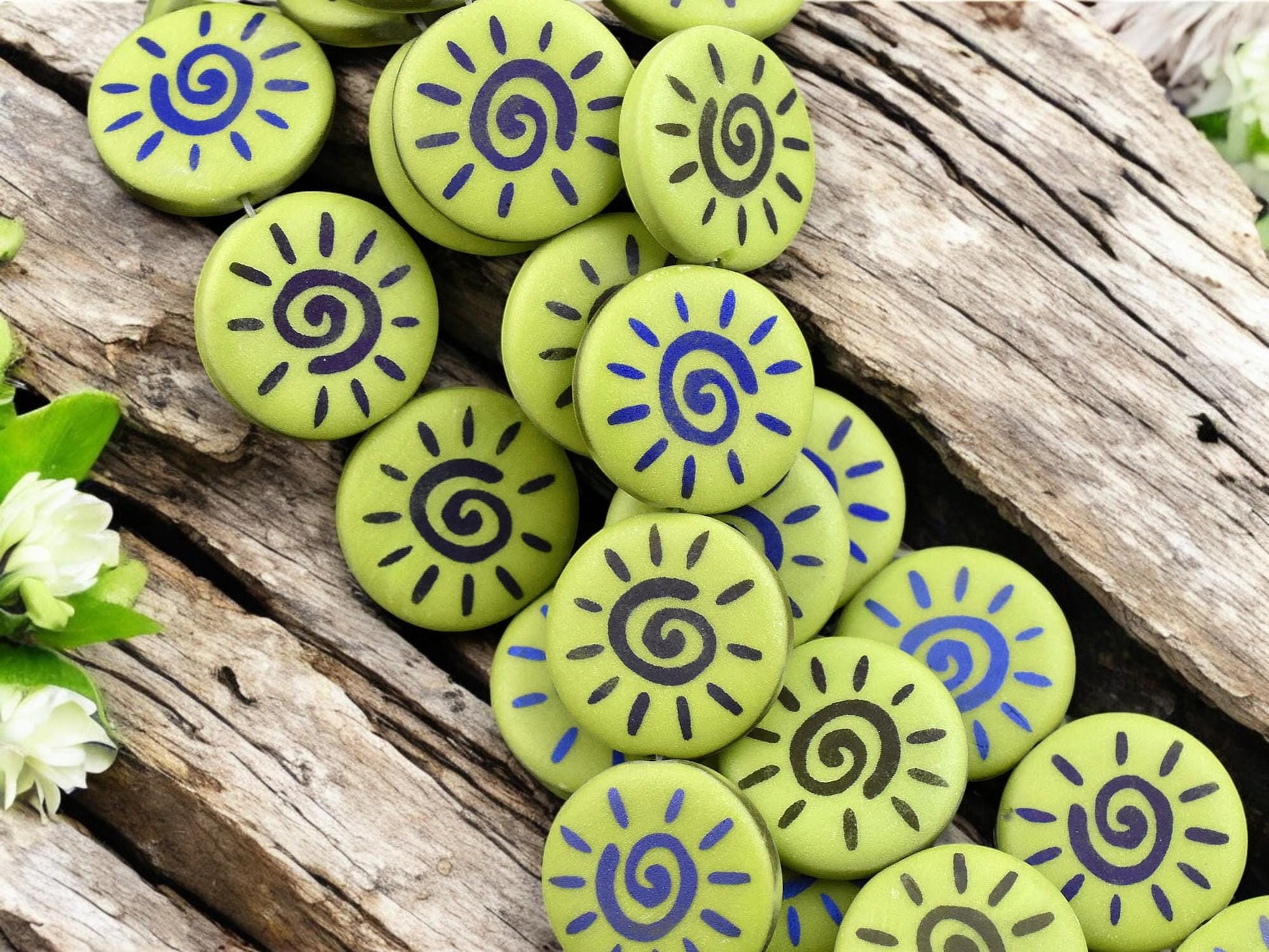 *8* 17mm Opaque Satin Chartreuse Blue Iris Laser Tattoo Sun Coin Beads