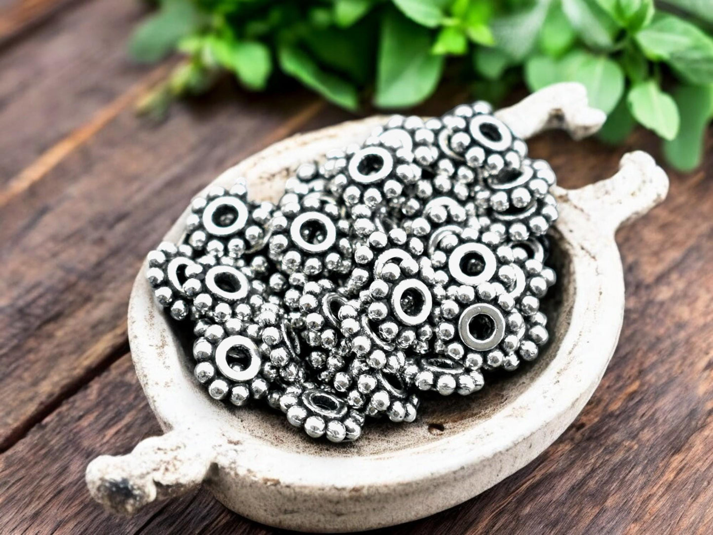 6.5mm Antique Silver Daisy Spacer Beads -- Choose Your Quantity