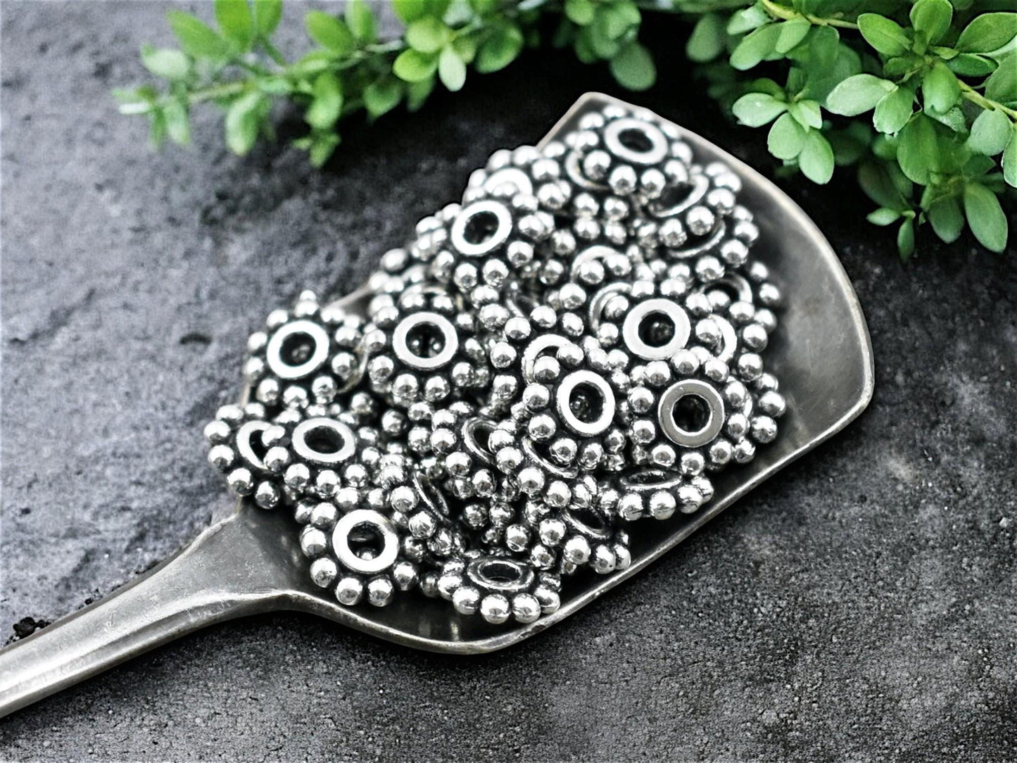 6.5mm Antique Silver Daisy Spacer Beads -- Choose Your Quantity