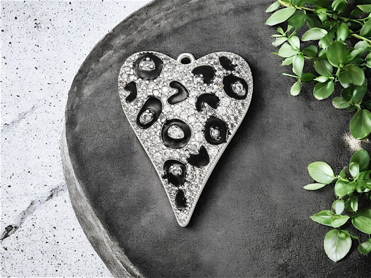 22x29mm Plated Brass Micro Pave CZ Leopard Elongated Heart Charms - Gold or Platinum