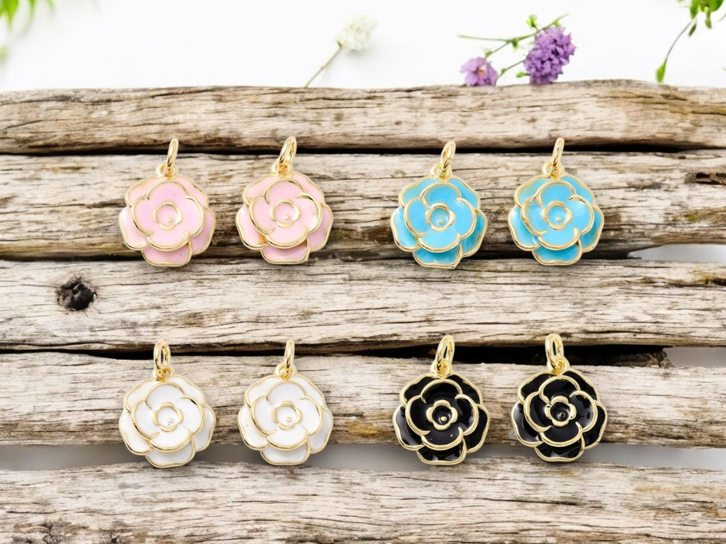 Flower Charms - Enamel Charms - 18k Gold Charms - Jewelry Making Charms - 17x15mm - 4pcs