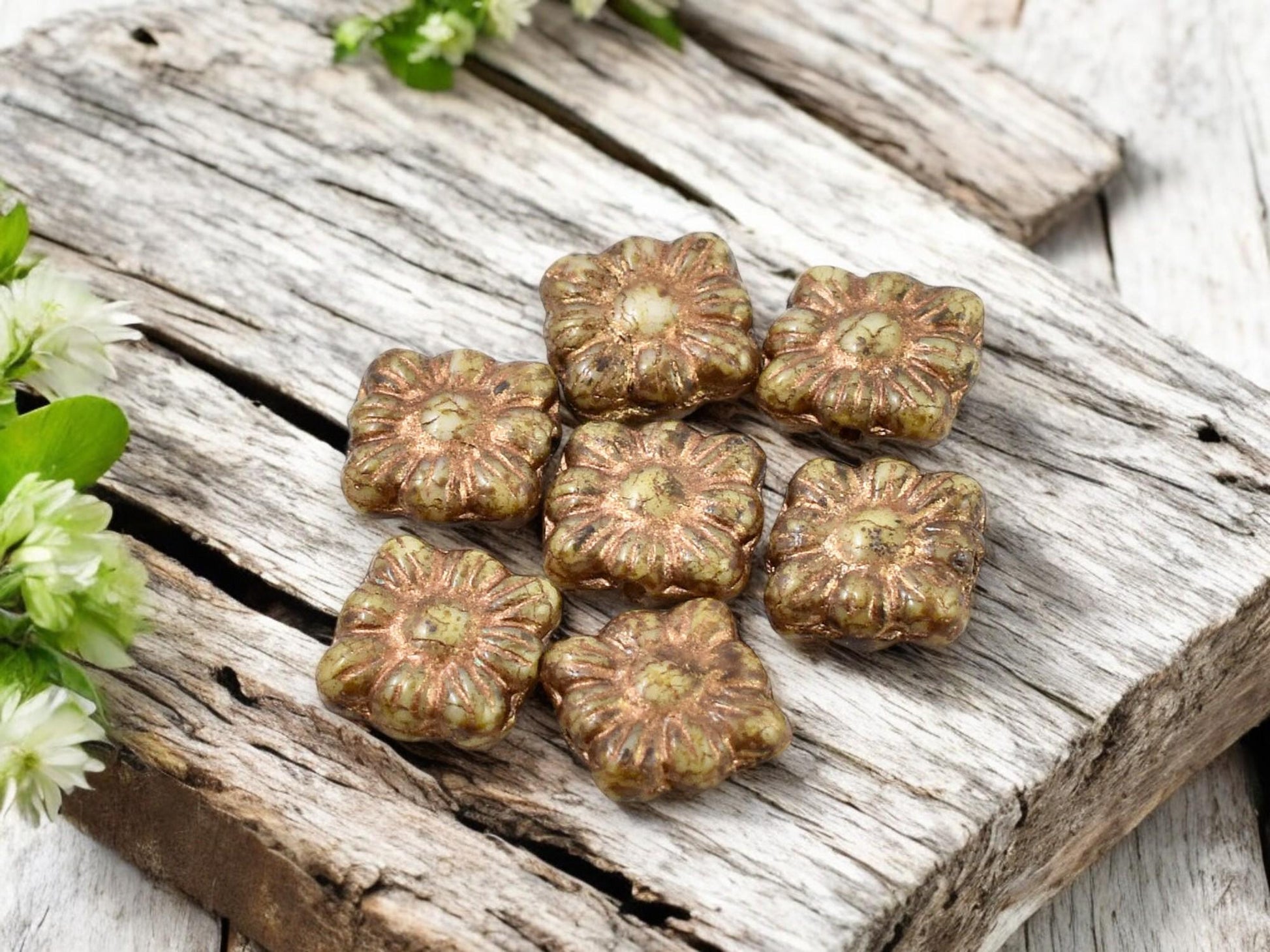 Czech Glass Beads - Flower Beads - Czech Glass Flowers - Picasso Beads - Square Flowers - 11mm Flower - 13pcs - (513)