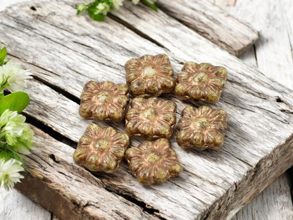 Czech Glass Beads - Flower Beads - Czech Glass Flowers - Picasso Beads - Square Flowers - 11mm Flower - 13pcs - (513)