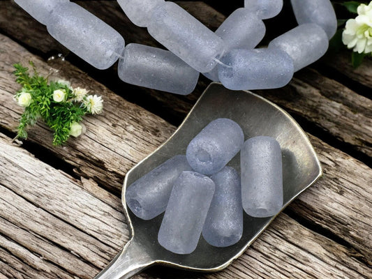 *10* 14x7mm Slate Blue Picasso Washed Etched Translucent Clear Large Hole Tube Beads