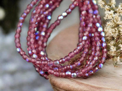 *50* 3mm Fuchsia AB Fire Polished Round Beads